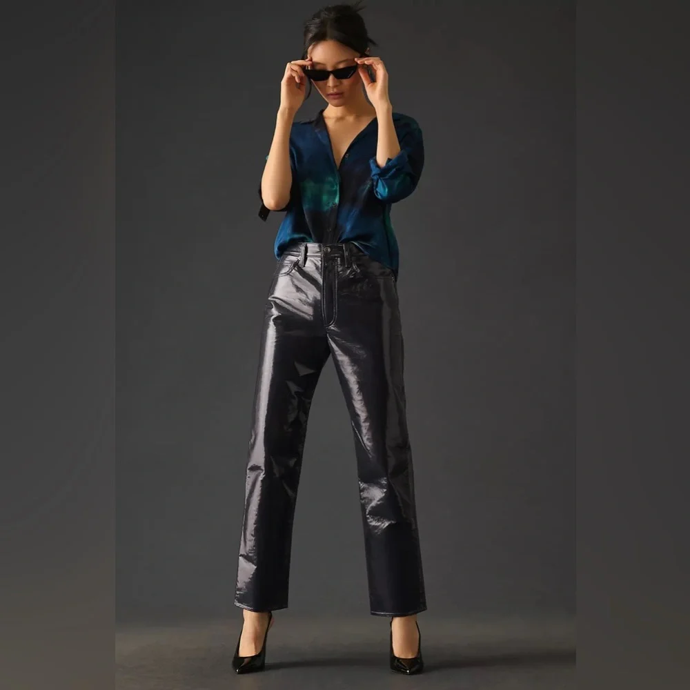 AGOLDE Recycled Leather 90's Pinch Waist Straight Leg Pants in Carbon (32) - Picture 2 of 14